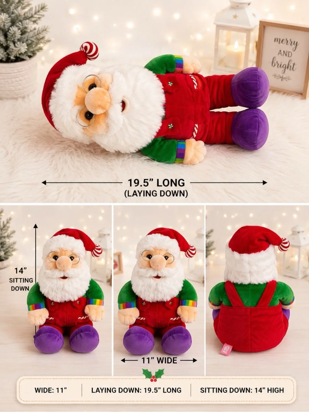 Vtg 90’s Sugar Plum Junction Santa Plush Rainbow Cuffs Purple Feet 19.5” Large